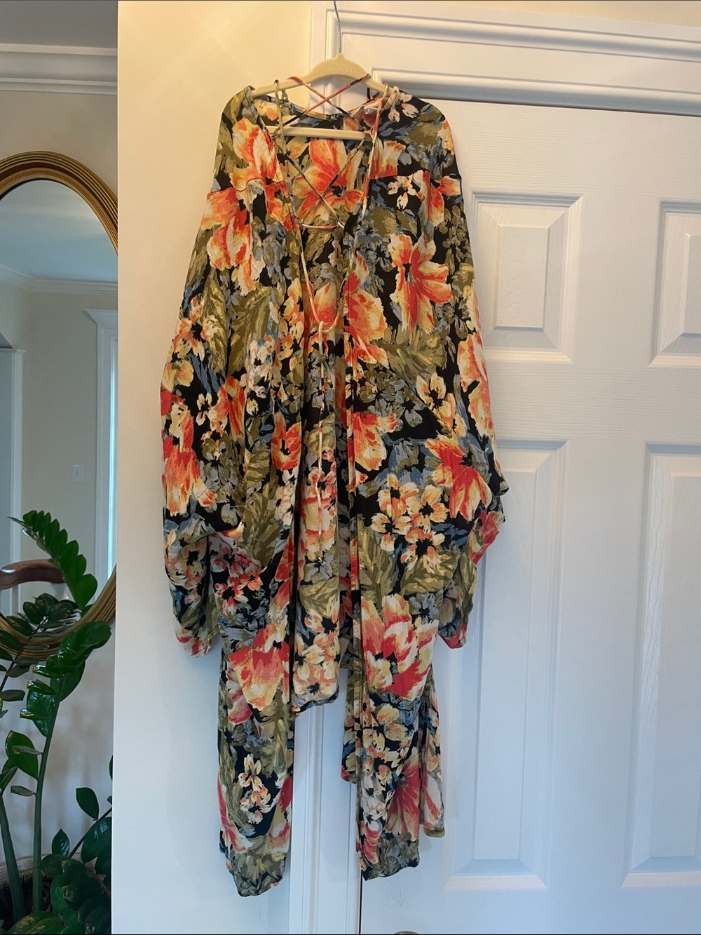 Billabong Floral Open-Front Kimono in Black, Coral & Olive